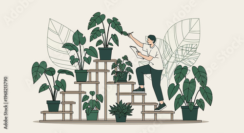 Gardener Tending Potted Plants on Wooden Shelves, Botanical Illustration