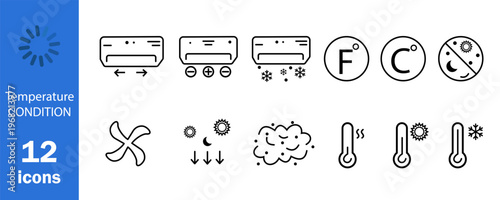 A set of twelve unique icons showcases various temperature conditions such as sun, snow, and wind. These illustrations capture the essence of changing weather patterns