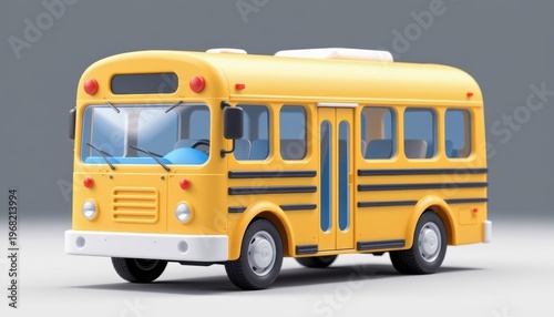 Yellow vintage school bus model isolated on grey background with classic design details