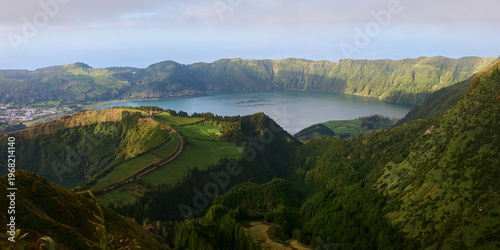 Aerial view of Sete Cidades volcanic crater lake and green hills, São Miguel Island, Azores, Portugal