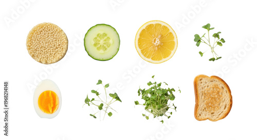Healthy food ingredients flat lay photo for diet and nutrition concept isolated on transparent background