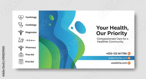 Medical healthcare business card with blue and green abstract design and contact information for compassionate care services