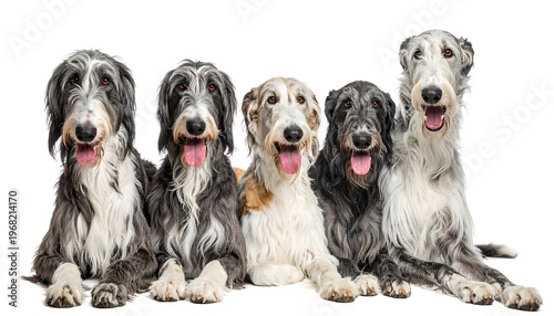 A group of five dogs, similar in appearance, lie down side by side, looking directly at the viewer with open mouths and happy expressions