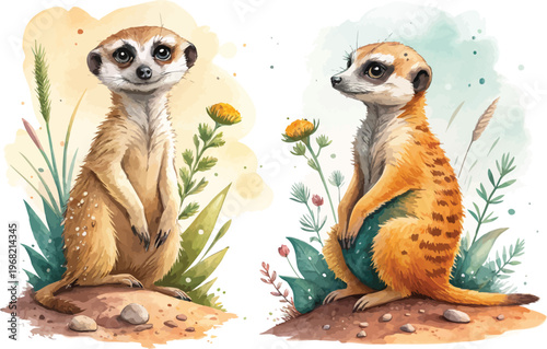 Watercolor Meerkat Illustration, Desert Wildlife Clipart, isolated on white background