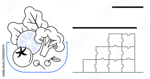 Healthy eating. Fresh vegetables emphasizing healthy eating with broccoli, tomato, and more. Puzzle diagram concept s problem-solving and planning. For nutrition, wellness, education, teamwork