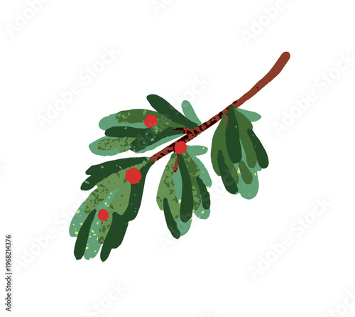 Holy berry branch. Xmas twig of red mistletoe, holly. Traditional Christmas floral ornament. Winter holiday decoration. New Year decor. Flat isolated hand drawn vector illustration on white background