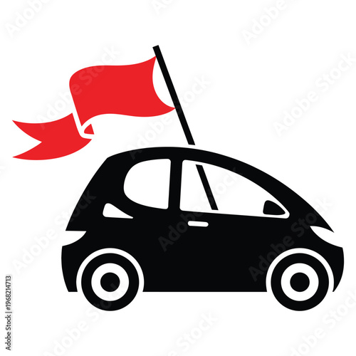 Car with Flag Celebration Icon, minimalist vector sketch of vehicle waving a flag, hand drawn style for celebration