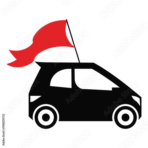 Car with Flag Celebration Icon, hand drawn vector illustration, black and white doodle style for festive events, victory parades