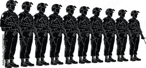 Silhouettes of soldiers standing in formation with rifles, vector illustration symbolizing military discipline, unity, organization, teamwork, and combat readiness in armed forces