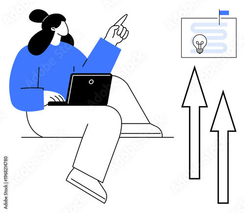 Growth concept. Growth highlighted with person working on a laptop, arrows pointing upward, and idea execution planning. Growth in innovation, business, career, strategy, success