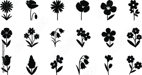 Collection of black silhouette flower on white background floral 1