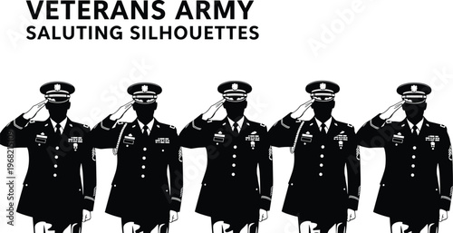 Veterans army saluting silhouettes in formal military uniforms with medals, vector illustration symbolizing respect, honor, discipline, patriotism, and recognition for armed forces service