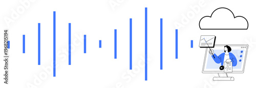 Audio waveform. Audio transmission with cloud computing and data analytics. Audio systems enhance real-time communication and customer support. For technology, AI integration, user engagement