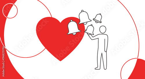 Person collecting notification bells from a large red heart, abstract background