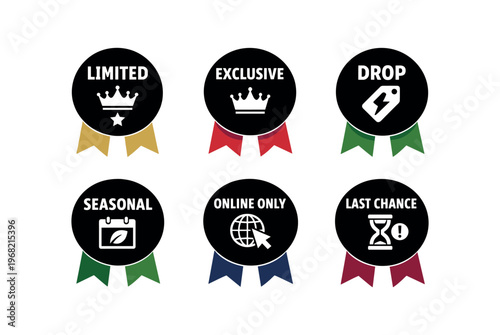 Promotional badge icon set. limited, exclusive, drop, seasonal, online only, last chance labels, sale tags, ribbon rewards, discounts, special offer. line, flat and colored vector icon set.