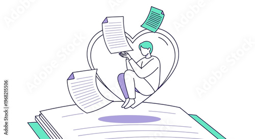 Person Sitting Inside Heart Shape with Flying Papers, Minimalist Abstract Illustration