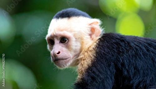 Close-up shot of a white-faced monkey. It's alert and curious with dark fur and a pale face. Lush green foliage creates a soft backdrop