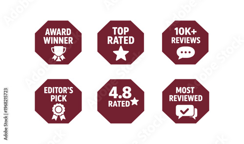 Octagon badge icon set. award winner, top rated, 10k+ reviews, editor's pick, 4.8 rated, most reviewed, star, trophy, ribbon. line, flat and colored vector icon set.