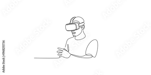 Man wearing virtual reality goggles and gesturing with his hands in a simple line drawing
