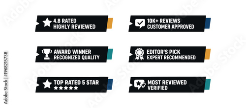 Review badge ribbon icon set. ratings, customer approved, award winner, editor's pick, top rated, most reviewed. line, flat and colored vector icon set.