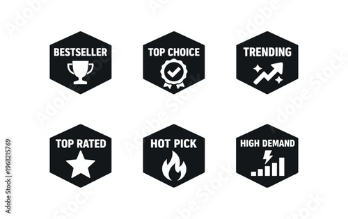 Promotional badge icon set. bestseller, top choice, trending, top rated, hot pick, high demand. line, flat and colored vector icon set.