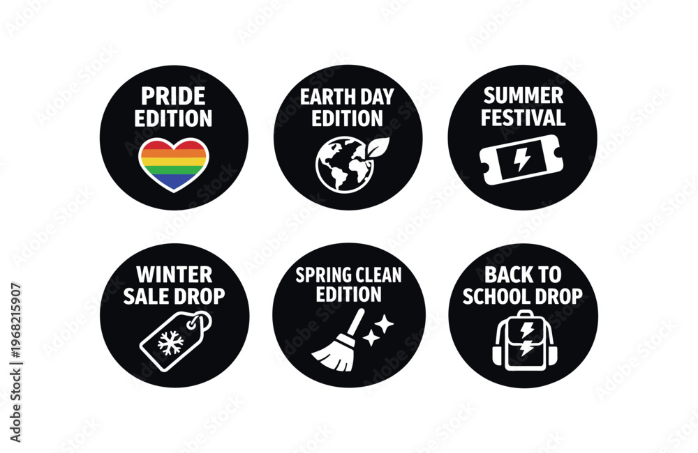 Fototapeta premium Seasonal and festival badges icon set. pride, earth day, summer festival, winter sale, spring clean, back to school promotional labels. line, flat and colored vector icon set.