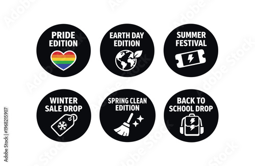 Seasonal and festival badges icon set. pride, earth day, summer festival, winter sale, spring clean, back to school promotional labels. line, flat and colored vector icon set.