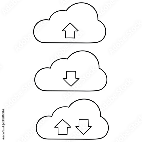 Hand-drawn doodle set of cloud data transfer icons on a white background.