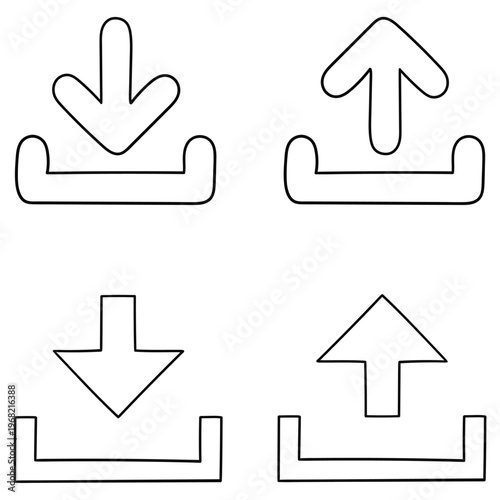 Hand-drawn doodle set of download and upload icons on a white background.