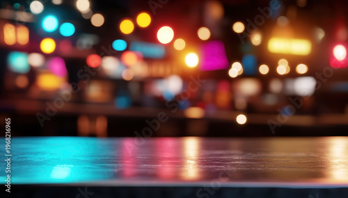 Reflective bar counter illuminated by vibrant neon lights, perfect for product placement or nightlife themes