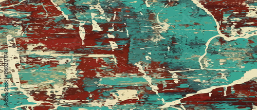 Abstract grunge texture with distressed layers of green and deep red paint