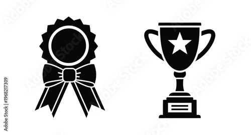 Black award ribbon and trophy icons ideal for design on transparent background silhouette