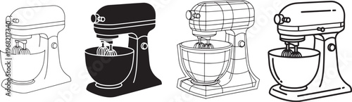 Stand Mixer Icon Set, Kitchen Appliance Vector Collection, Minimal Outline and Solid Baking Mixer Icons for Bakery, Cooking, Kitchenware and Home Design