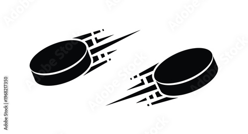 Two black hockey pucks speeding with motion lines on transparent background silhouette