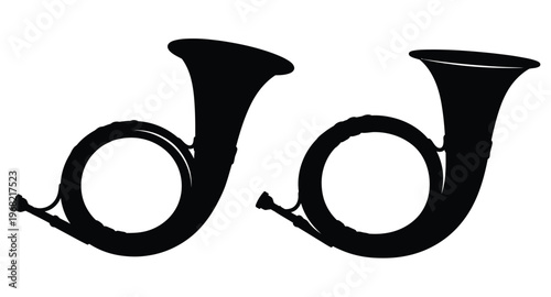 Two antique hunting horns displayed in a striking silhouette on transparent background