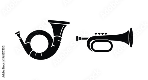 Two vintage brass instruments a bugle and trumpet on transparent background silhouette