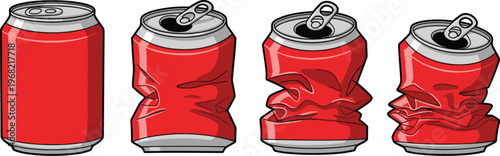 Vector illustration showing stages of crushing a red aluminum beverage can
