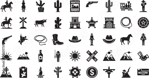 Wild west cowboy icons set silhouette vector illustration with sheriff badge cactus horse gun saloon and vintage western elements