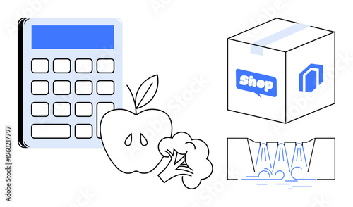 Budgeting, grocery shopping, meal planning, financial management, ecommerce, healthy eating. Calculator, apple broccoli packaged box and shopping cart design. Budgeting and grocery shopping