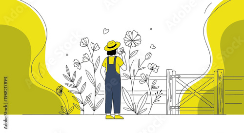 Gardener Woman Admiring Flowers in Organic Garden Farm Field