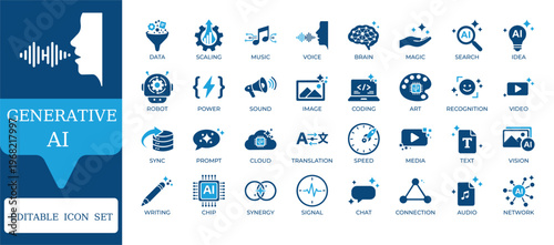 Generative AI and Machine Learning Icons. Featuring text-to-image, code generation, neural networks, and chatbot symbols. Editable vector set for professional AI technology apps