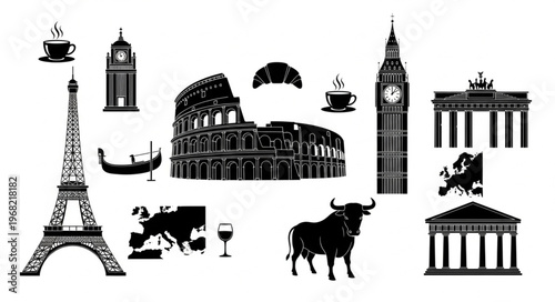 European Landmarks and Symbols Collection Silhouette.