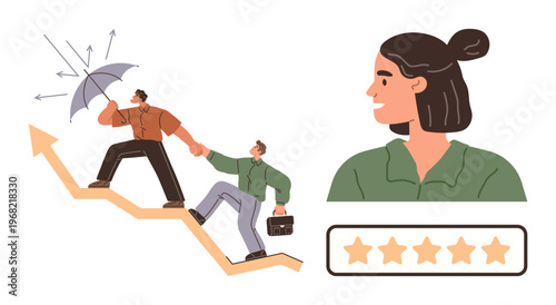 Business growth, leadership, customer satisfaction, teamwork, mentorship, resilience. Two individuals climbing an arrow growth, one offering protection. Business growth and leadership concept