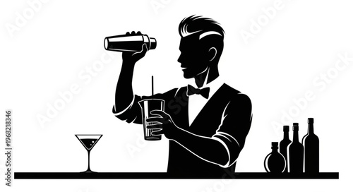 Bartender silhouette shaking cocktail in a shaker.