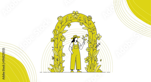 Gardener Woman Standing in Floral Archway with Yellow Accents