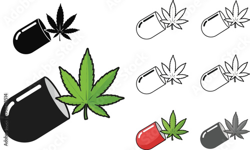 Collection of cannabis capsule vector illustrations for medical marijuana concepts