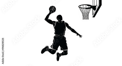 Basketball player silhouette dunking ball into hoop.