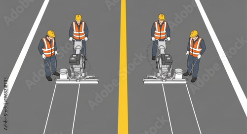 Road workers painting yellow line on asphalt highway.