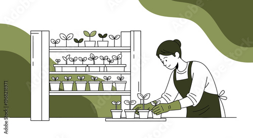 Gardener tending to seedlings on shelves, illustration, sustainable lifestyle