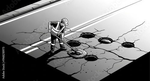 Construction worker repairing damaged road with potholes.